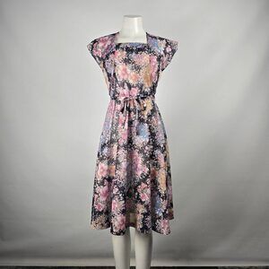 Vintage Black Floral Fit & Flare Dress & Cardigan Size XS